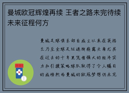 曼城欧冠辉煌再续 王者之路未完待续未来征程何方