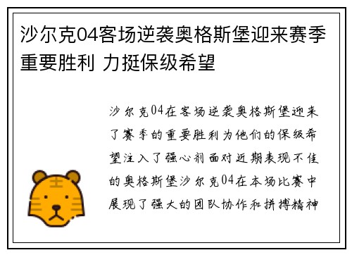 沙尔克04客场逆袭奥格斯堡迎来赛季重要胜利 力挺保级希望