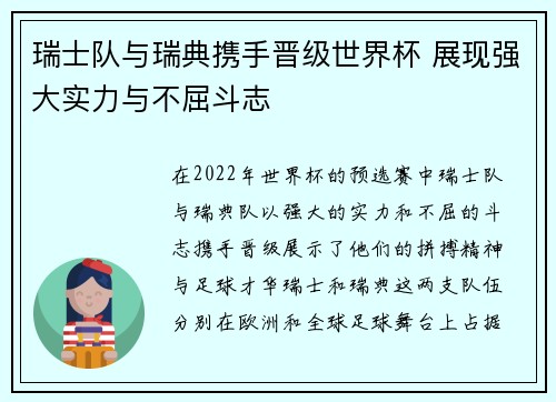瑞士队与瑞典携手晋级世界杯 展现强大实力与不屈斗志